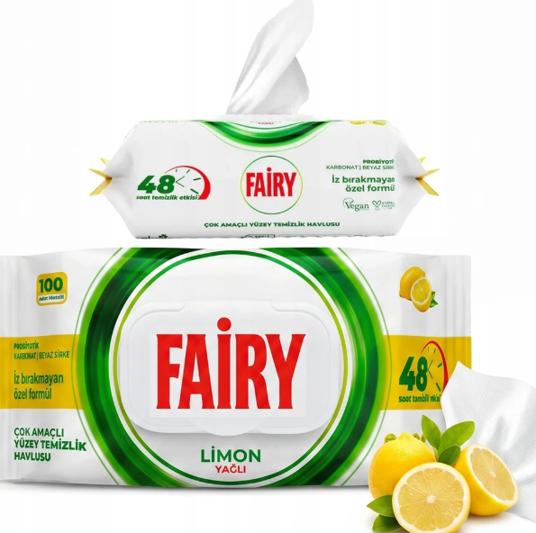 Drėgnos servetėlės Fairy Citrinos kvapo, įvairiems paviršiams, 100 vnt.